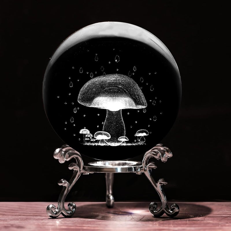 PYJ3DLAMP 3D Mushroom Crystal Ball with Stand Lase Engraved Glass Sphere Paperweight Mushroom Decor Gift - Image 1
